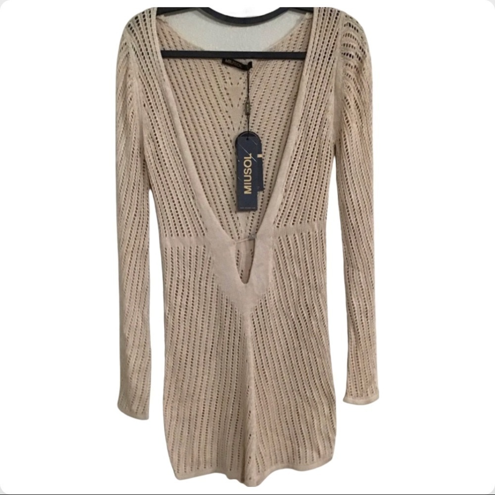 Miusol open knit nude color long sleeve mini dress sz S Plunge neck hobo BoHo